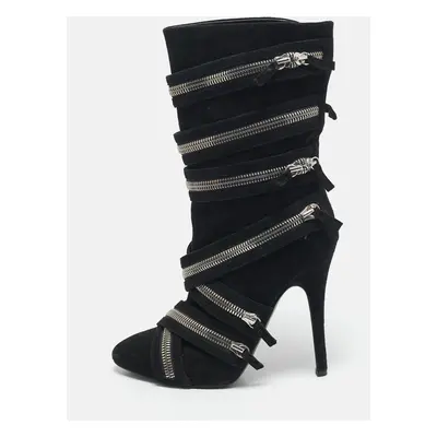 Giuseppe Zanotti x Balmain Black Suede Zip Embellished Midcalf Boots Size