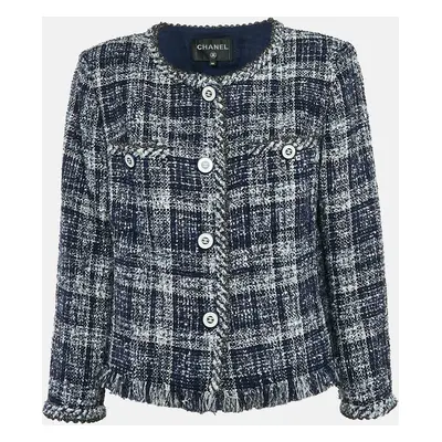 Chanel Navy Blue Tweed Logo Button Detail Jacket