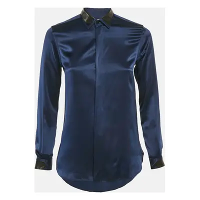 Saint Laurent Paris Blue Leather Trim Satin Silk Shirt