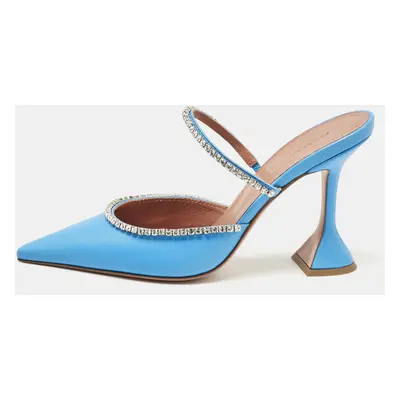 Amina Muaddi Blue Leather Gilda Pointed Toe Mules Size