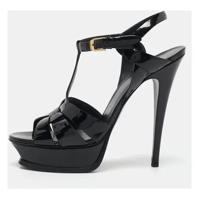 Saint Laurent Black Patent Leather Tribute Platform Ankle Strap Sandals Size