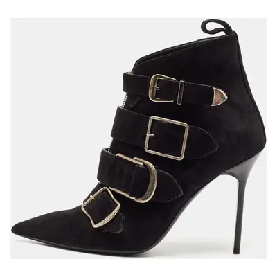 Burberry Black Suede Milner Buckle Detail Pointed Toe Ankle Boots Size