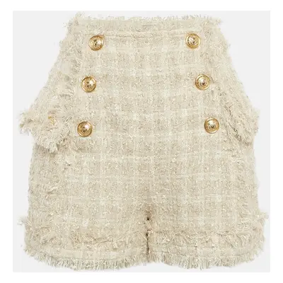 Balmain Off-White Tweed Gold Tone Button Detail Shorts