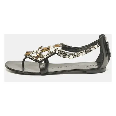 Giuseppe Zanotti Black Leather Crystal Embellished Flat Sandals Size