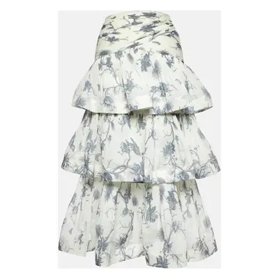 Zimmermann Kiera Navy Printed Silk Plisse Tiered Midi Skirt