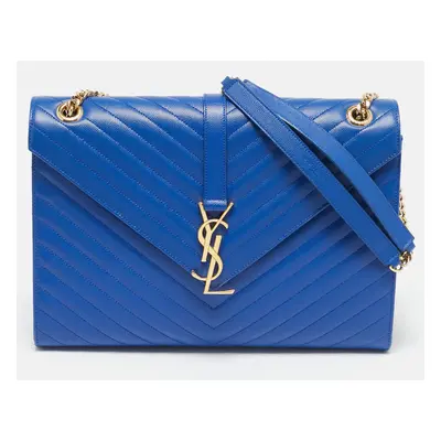 Saint Laurent Blue Chevron Leather Monogram Envelope Shoulder Bag