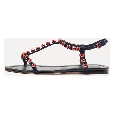 Dior Navy Blue Satin Beads T-Strap Flat Sandals Size