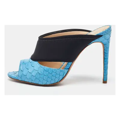 Alexandre Birman Light Blue/Black Python Leather and Neoprene Mules Size