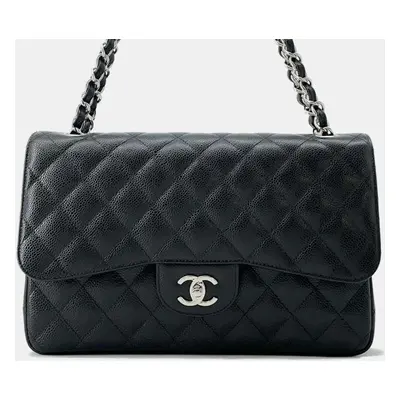 Chanel Black Caviar Quilted Jumbo Double Flap Shoulder Bag