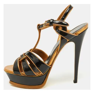 Yves Saint Laurent Black/Gold Patent Leather and Leather Tribute Platform Sandals Size 36.5