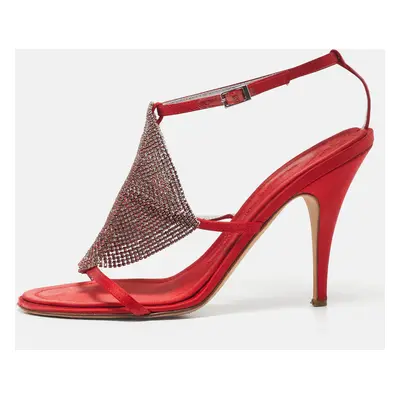 Giuseppe Zanotti Red Satin Crystal Embellished Ankle Strap Sandals Size 38.5