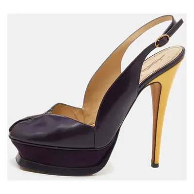 Yves Saint Laurent Purple/Yellow Leather Peep Toe Platform Slingback Sandals Size