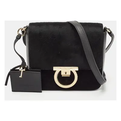 Salvatore Ferragamo Black Calf Hair and Leather Gancini Lock Shoulder Bag