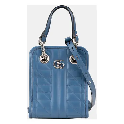 Gucci Blue Mini Calfskin GG Marmont Matelasse Chevron Satchel