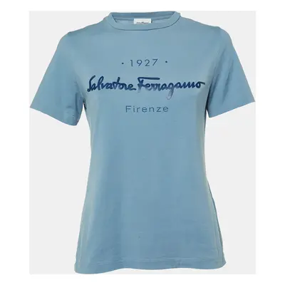 Salvatore Ferragamo Blue Logo Cotton Crewneck T-Shirt