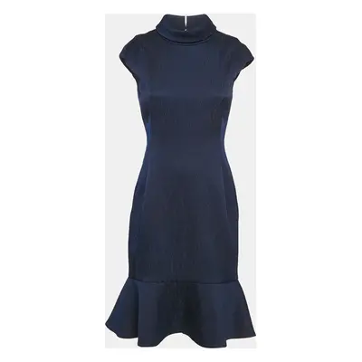 Carolina Herrera Navy Blue Textured Crepe Flounce Short Dress