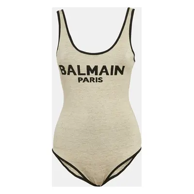 Balmain Beige Linen Blend Knit Round Neck Bodysuit