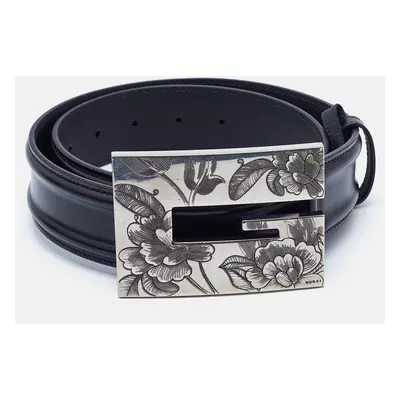 Gucci Black Leather Floral Wide G Buckle Belt