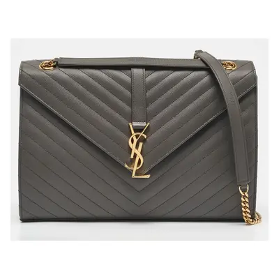 Saint Laurent Grey Chevron Leather Monogram Envelope Shoulder Bag