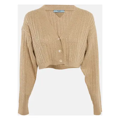 Prada Beige Rib Knit Rhinestones Cardigan