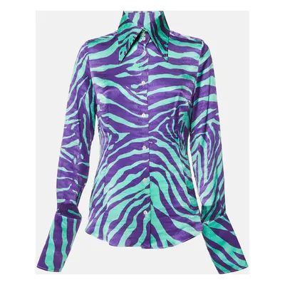 Dolce & Gabbana Green/Purple Tiger Print Logo Jacquard Silk Shirt