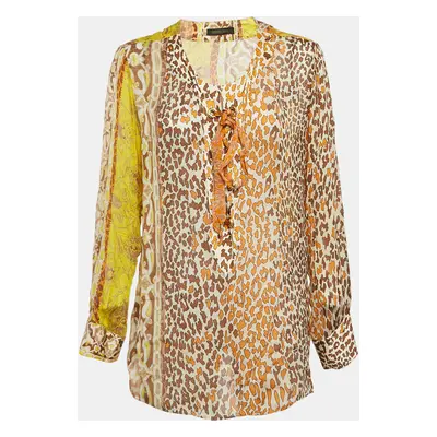 Roberto Cavalli Yellow Printed Silk Lace Up Blouse