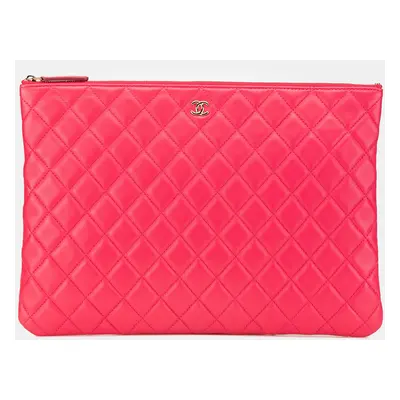 Chanel Pink Large Quilted Lambskin O Case Clutch