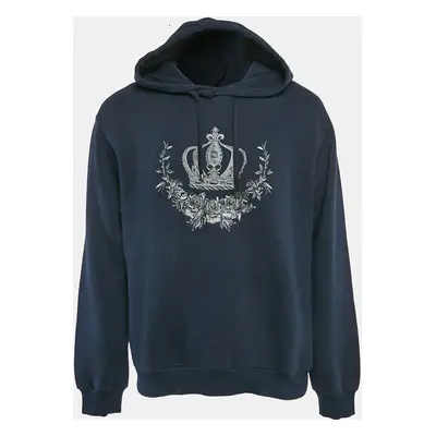 Dolce & Gabbana Navy Blue Crown Embroidered Cotton Knit Hoodie