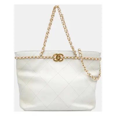 Chanel White Quilted Calfskin CC Lock Chain Shopping Tote