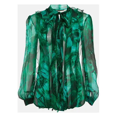 Roberto Cavalli Green Abstract Print Chiffon Sheer Ruffled Shirt