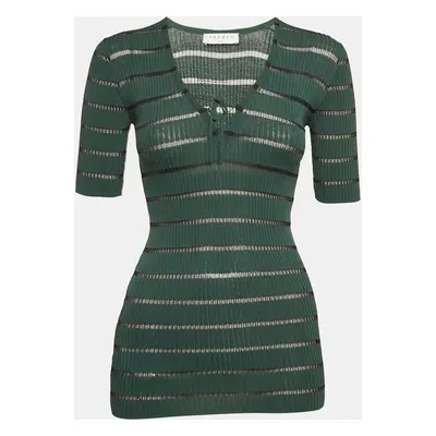 Sandro Green Striped Rib Knit Lace-Up Top