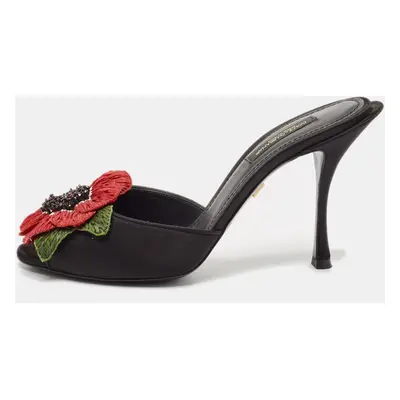 Dolce & Gabbana Black Satin Flower and Crystal Embellished Mules Size