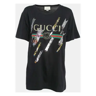 Gucci Black Web Print Jersey Sequin Detail T-Shirt