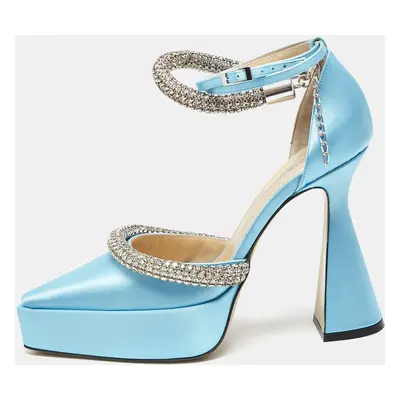 Mach & Mach Blue Satin Crystal Embellished Kimberly Platform Pumps Size