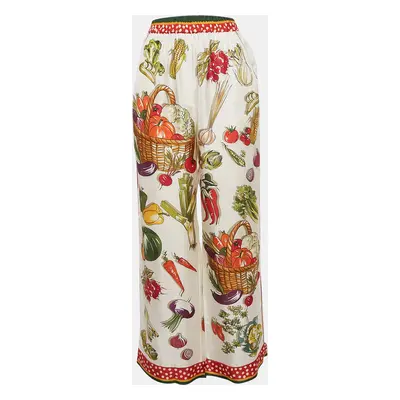 Dolce & Gabbana White Vegetable Print Satin Wide-Leg Pants