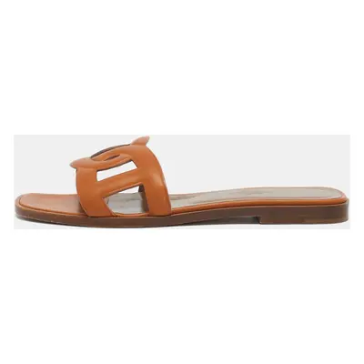 Hermes Brown Leather Aloha Flat Slides Size 36.5