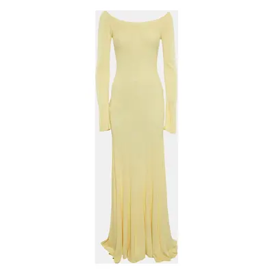 Jacquemus Yellow Stretch Knit Pleated Valensole Off-Shoulder Maxi Dress