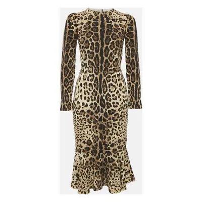 Dolce & Gabbana Brown Animal Print Silk Flounce Midi Dress