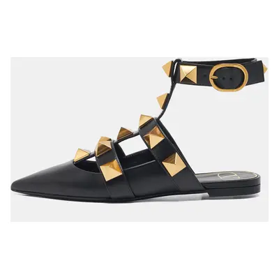 Valentino Black Leather Roman Stud Ankle Strap Flats Size