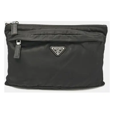 Prada Black Re-Nylon Triangle Logo Zip Pouch Clutch