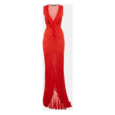 Roberto Cavalli Red Stretch Knit Ruffled Maxi Dress