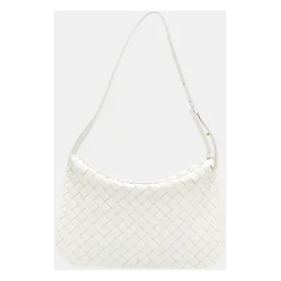 Bottega Veneta White Brushed Calfskin Intrecciato Cradle Fold Over Shoulder Bag