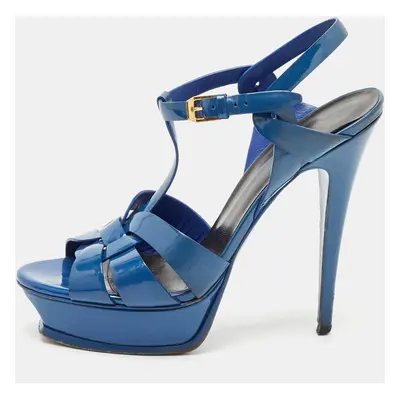 Saint Laurent Blue Patent Leather Tribute Platform Sandals Size