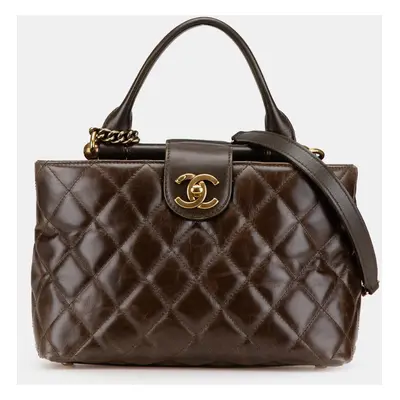 Chanel Brown Small Quilted Calfskin Gold Bar Top Handle Bag