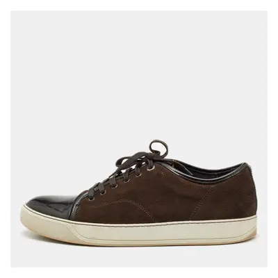 Lanvin Dark Brown Patent Leather and Suede Low Top Sneakers Size