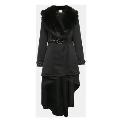 Elisabetta Franchi Black Synthetic Asymmetric Fur Collar Detail Coat