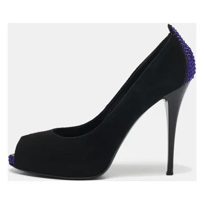 Giuseppe Zanotti Black Suede Crystal Embellished Peep Toe Pumps Size