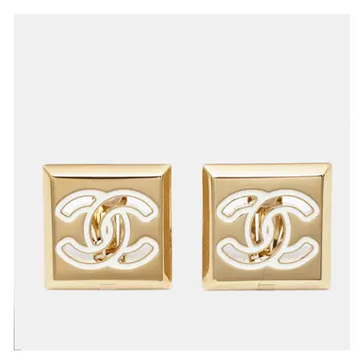 Chanel CC Enamel Gold Tone Earrings