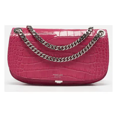 Michael Kors Fuchsia Croc Embossed Leather Christie Envelope Shoulder Bag