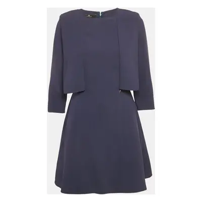 Elisabetta Franchi Navy Blue Crepe Round Neck Mini Dress